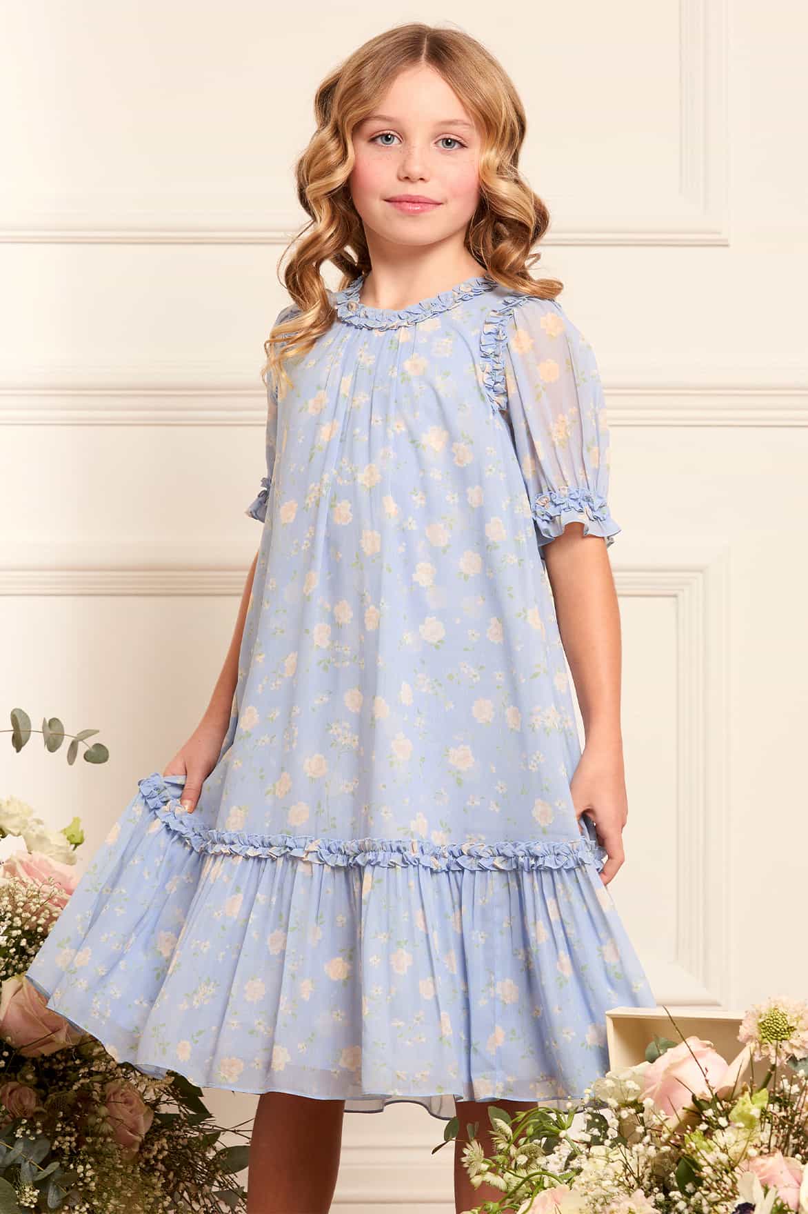 blue dress with roses kids Knee-Length Dresses