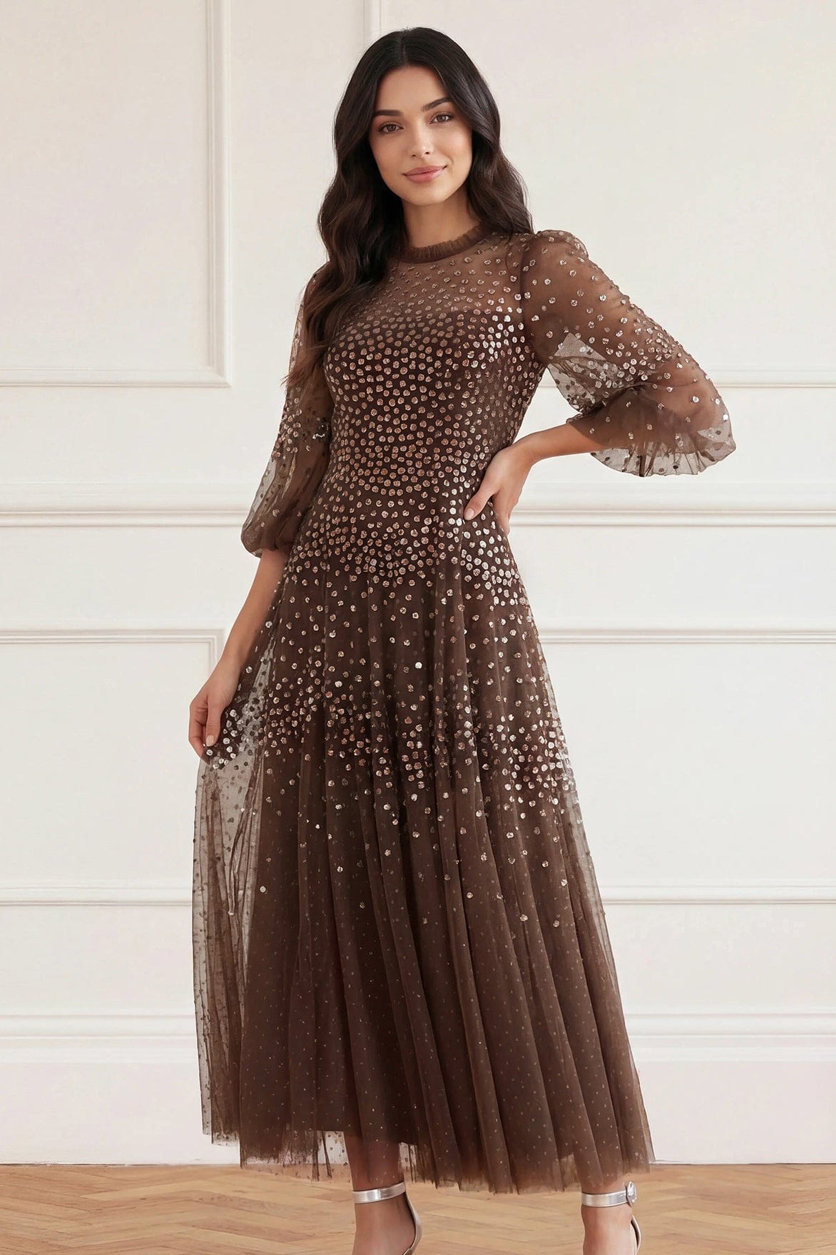 Scallop Sequin Round Neck Ankle Gown Brown | Needle & Thread Scallop Sequin Round Neck Ankle Gown Brown | Needle & Thread