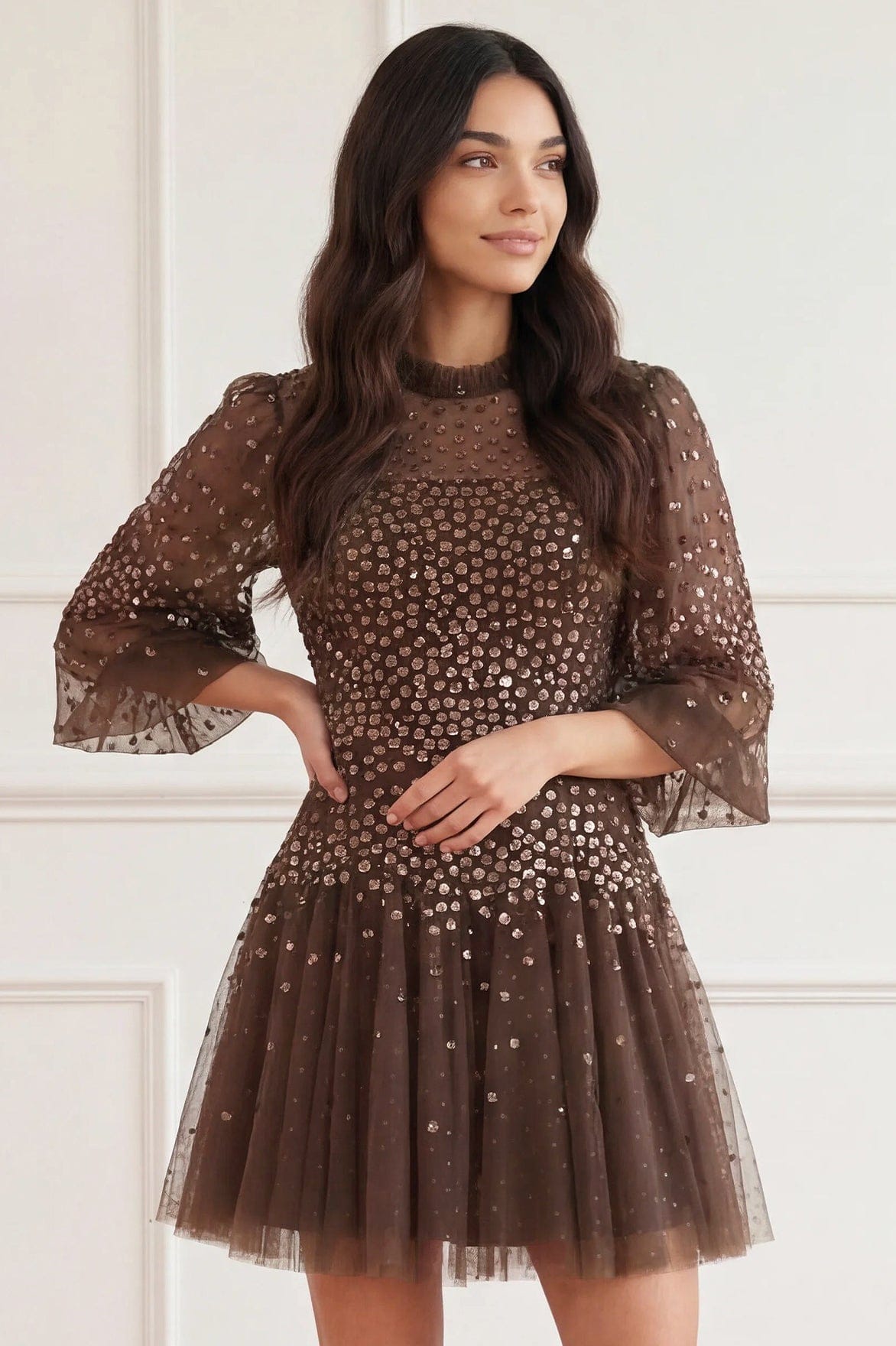 Scallop Sequin Round Neck Micro Mini Dress Brown | Needle & Thread Scallop Sequin Round Neck Micro Mini Dress Brown | Needle & Thread