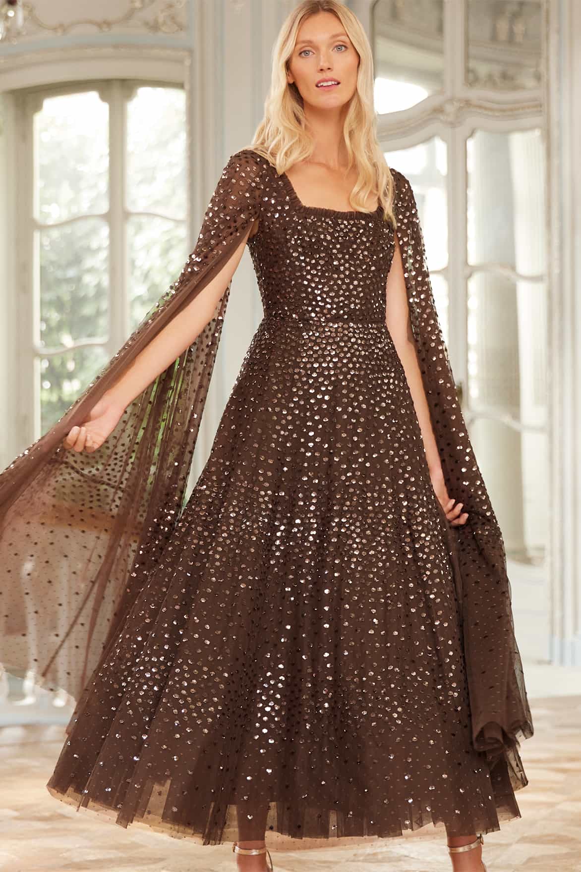 Scatter Dot Cape Sleeve Ankle Gown Scatter Dot Cape Sleeve Ankle Gown