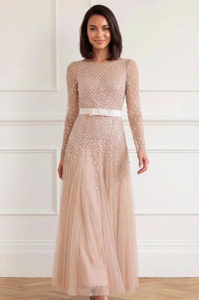 Sequin Cascade Bow Long Sleeve Gown