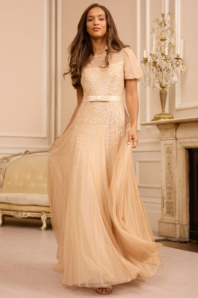 Sequin Cascade Bow Short Sleeve Gown