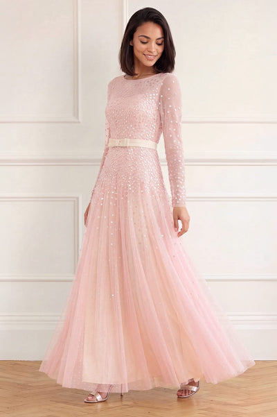 Sequin Cascade Bow Long Sleeve Gown