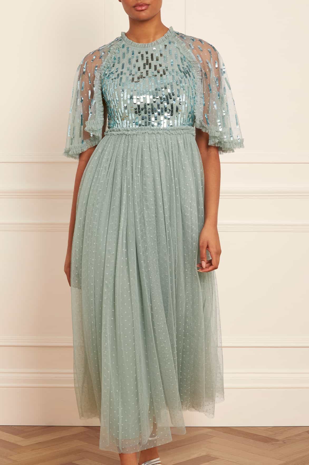 Sequin Dash Bodice Ankle Gown – Green