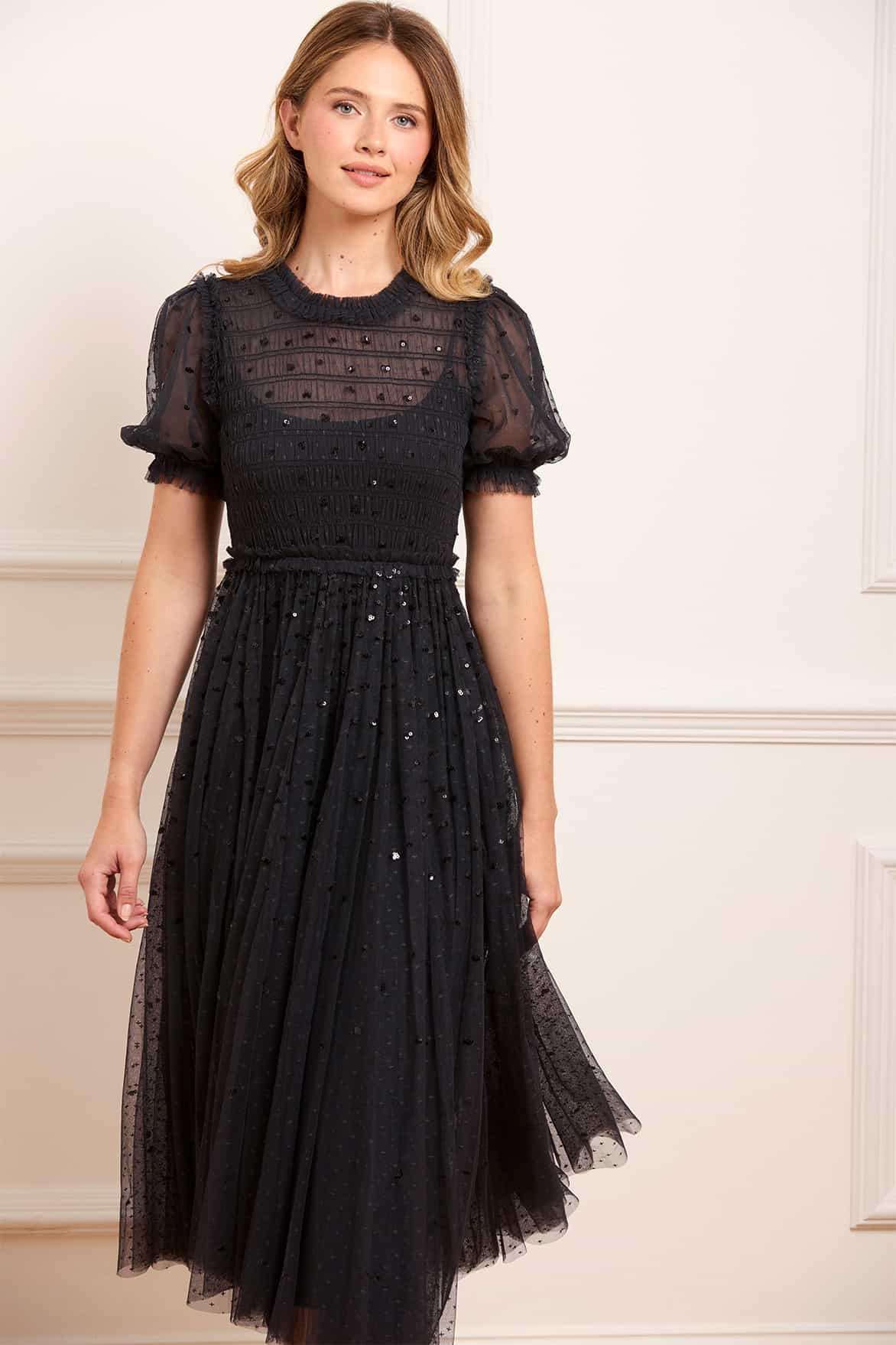 Sequin Giselle Smocked Ballerina Dress – Black