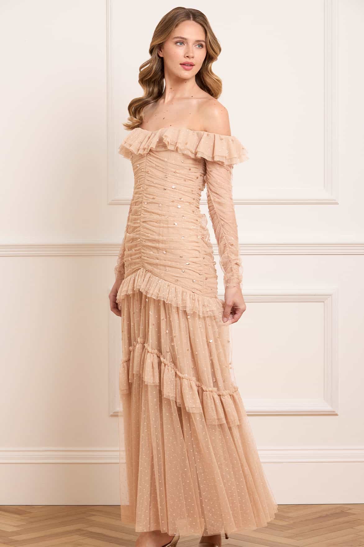Sequin Glimmer Rouched Off-Shoulder Gown Beige | Needle & Thread Sequin Glimmer Rouched Off-Shoulder Gown Beige | Needle & Thread