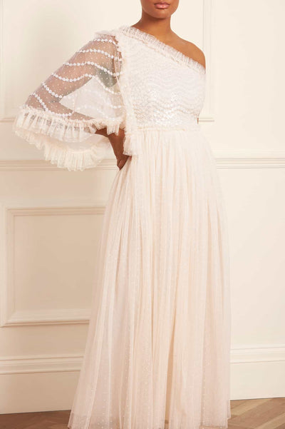 Shimmer Wave Gloss Bodice One-Shoulder Ankle Gown