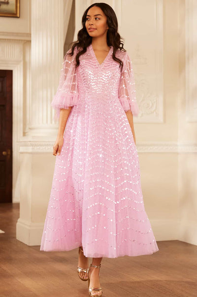 Shimmer Wave Gloss V-Neck Ankle Gown