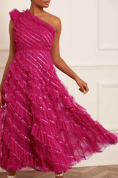 Spiral Sequin One-Shoulder Ankle Gown