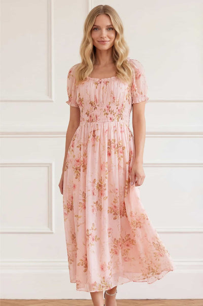 Summer's Rose Shirred Short Sleeve Ballerina Dress