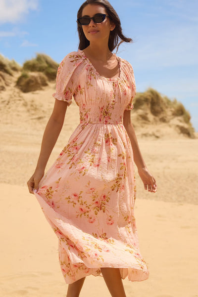 Summer's Rose Shirred Short Sleeve Ballerina Dress