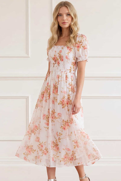 Summer's Rose Shirred Short Sleeve Ballerina Dress