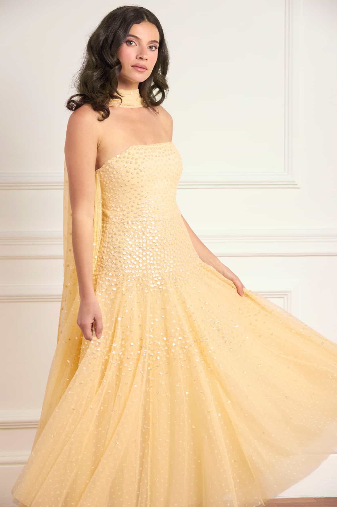 sequin dress yellow Sunrise Sequin Strapless Cape Ballerina Dress – Yellow