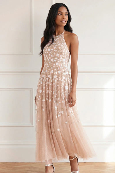 Trailing Roses Halter-Neck Ankle Gown
