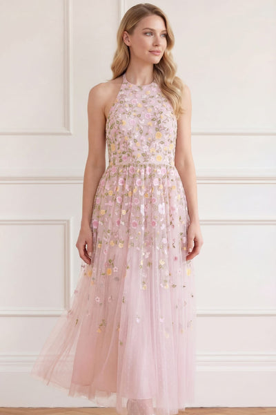 Trailing Roses Halter-Neck Ankle Gown
