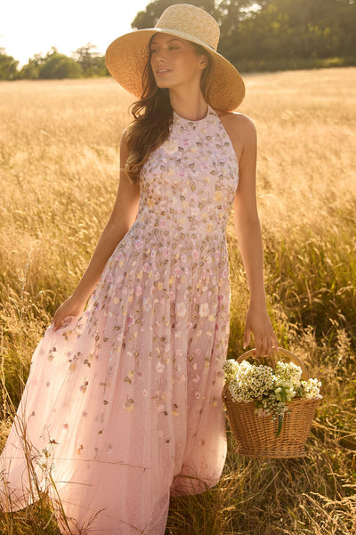 Trailing Roses Halter-Neck Ankle Gown