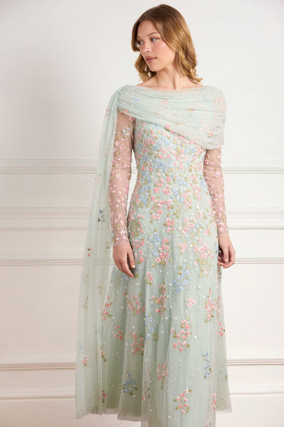 Versailles Ditsy Draped Long Sleeve Ankle Gown