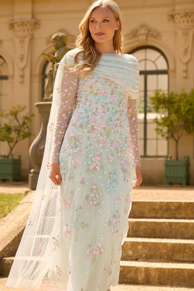 Versailles Ditsy Draped Long Sleeve Ankle Gown