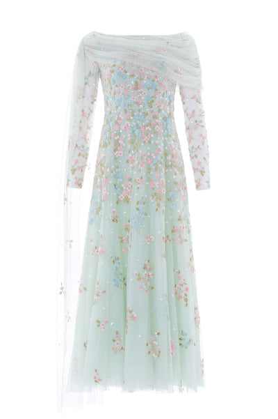 Versailles Ditsy Draped Long Sleeve Ankle Gown
