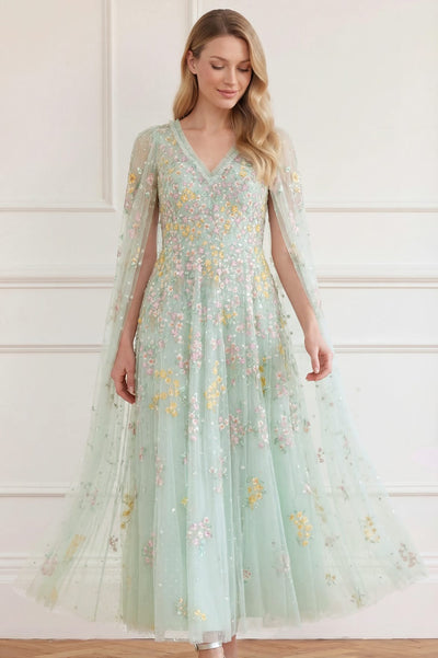 Versailles Ditsy V-Neck Cape Sleeve Ankle Gown
