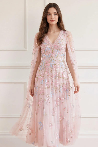Versailles Ditsy V-Neck Cape Sleeve Ankle Gown