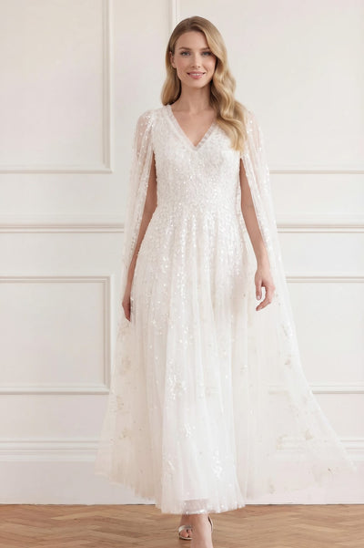 Versailles Ditsy V-Neck Cape Sleeve Ankle Gown