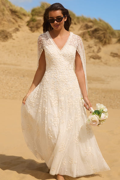 Versailles Ditsy V-Neck Cape Sleeve Ankle Gown