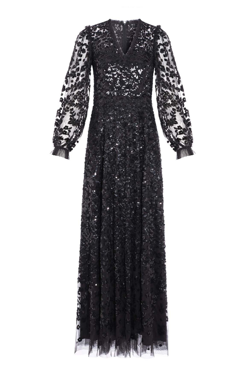 Seren Long Sleeve V-Neck Gown – Black | Needle & Thread