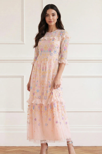 Flowerbed Embroidery Ankle Gown
