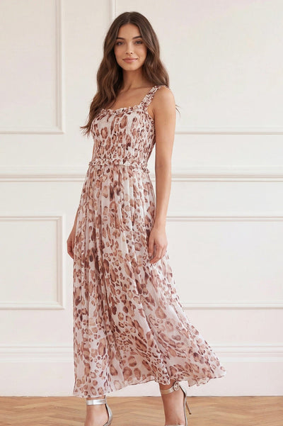 Leopard Chiffon Smocked Cami Ankle Gown