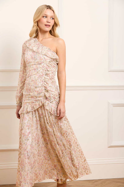 Ophelia Ditsy Lurex One-Shoulder Ankle Gown
