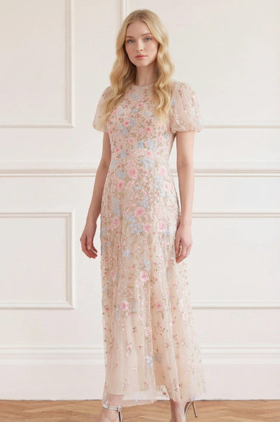 Peony Bouquet Round Neck Ankle Gown