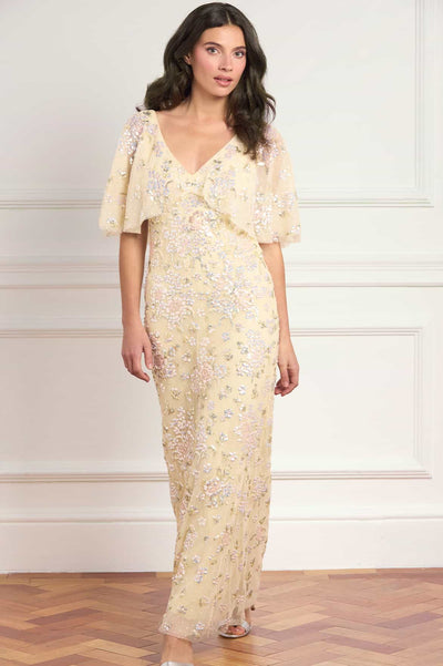 Peony Bouquet Sequin V-Neck Cape Gown