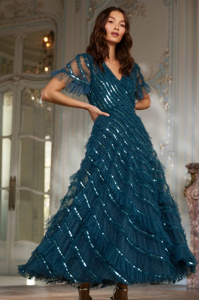 Spiral Sequin V-Neck Ankle Gown