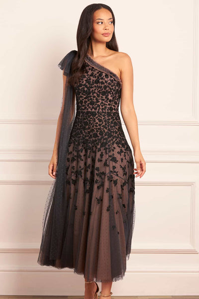 Sylvia Rose One-Shoulder Bow Ankle Gown