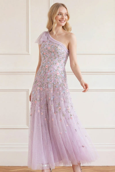 Sylvia Rose One-Shoulder Bow Ankle Gown