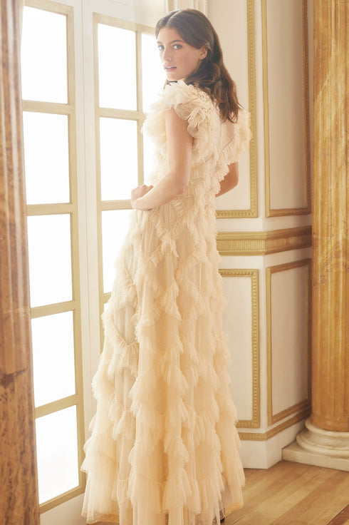 Genevieve Ruffle Gown - Beige