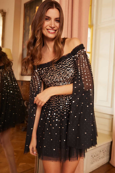 Moonlight Sequin Cape Micro Mini Dress