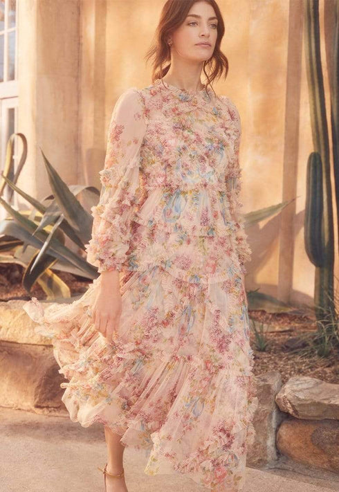 Floral Diamond Ruffle Ballerina Dress - Pink