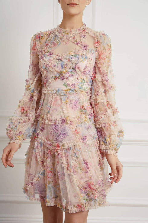 Floral Diamond Ruffle Dress - Pink