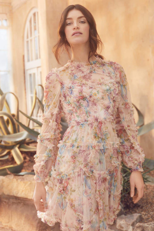 Floral Diamond Ruffle Dress - Pink