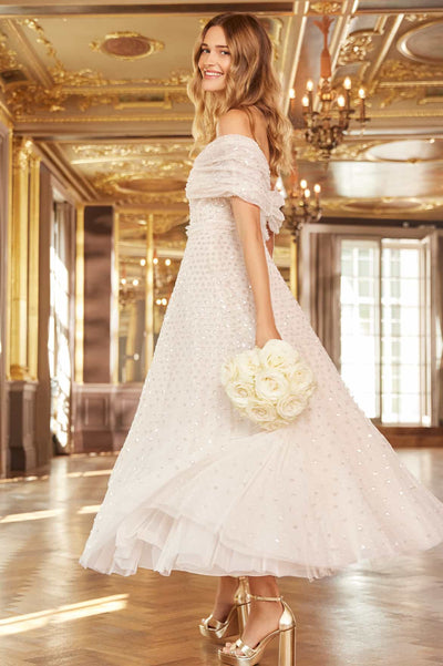 Grace Gloss Off-Shoulder Ankle Gown