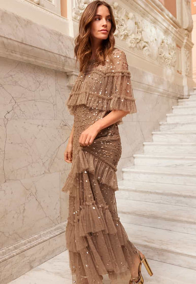 Leila Dot Tiered Cape Ankle Gown