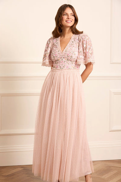 Rosie Lace Bodice Short Sleeve V-Neck Ankle Gown