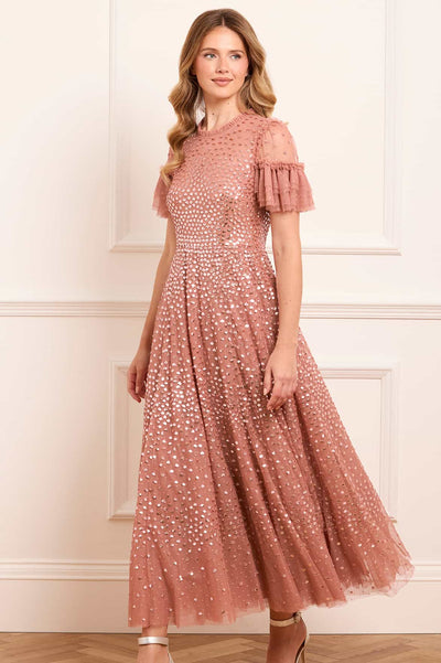 Scatter Dot Round Neck Short Sleeve Ankle Gown