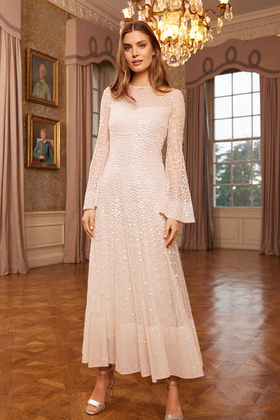 Sequin Cascade Long Sleeve Ankle Gown