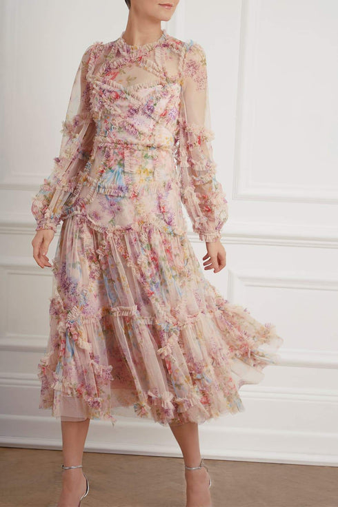 Floral Diamond Ruffle Ballerina Dress - Pink