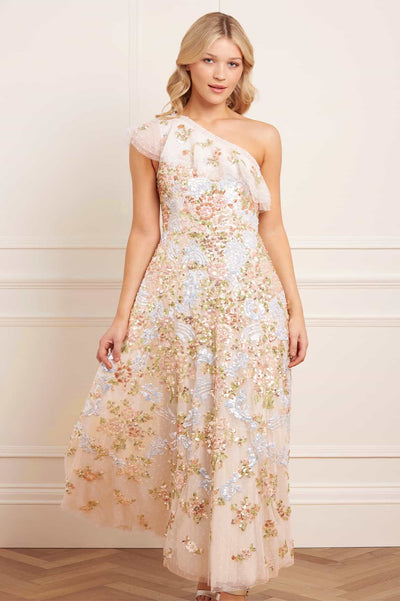 Baroque Floral One-Shoulder Ankle Gown