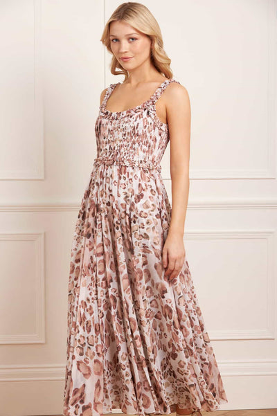 Leopard Chiffon Smocked Cami Ankle Gown