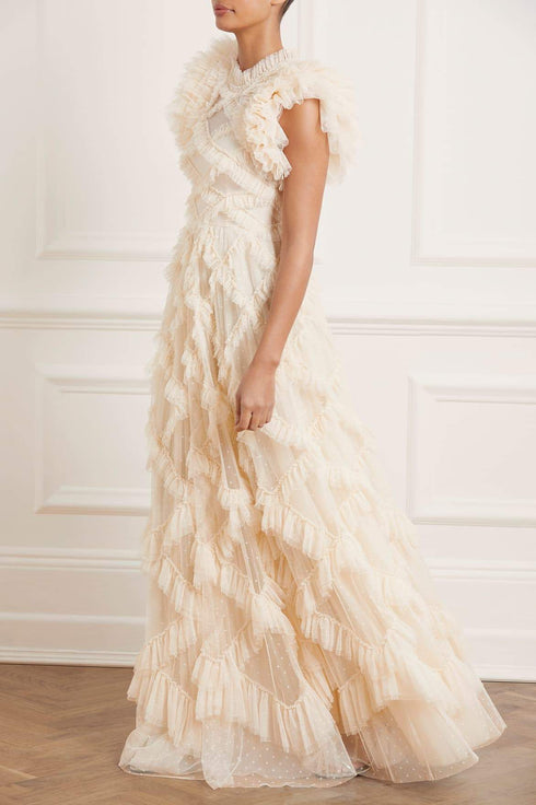 Genevieve Ruffle Gown - Beige